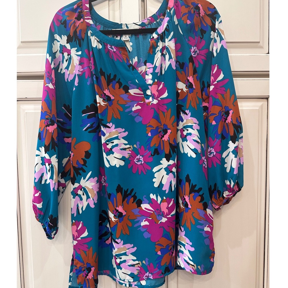 The Pioneer Woman Teal Floral Split Neck Blouse 3/4 Peasant Sleeve XL 912P980PW